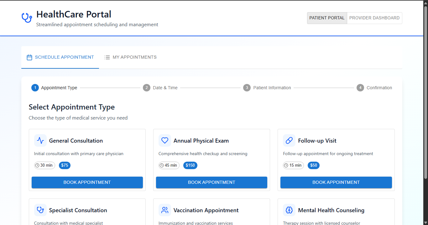Healthcare Appointment Portal Screenshot